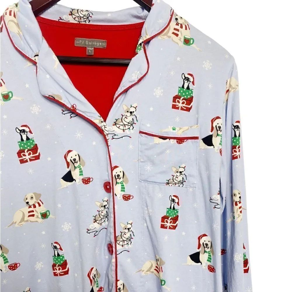 PJ Salvage Christmas Dog Print Long Sleeve Pajama Top Blue and Red Large